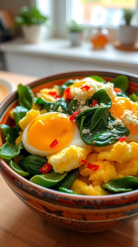 A bowl of scrambled eggs with spinach, garnished with cheese and red pepper flakes, on a wooden kitchen table.